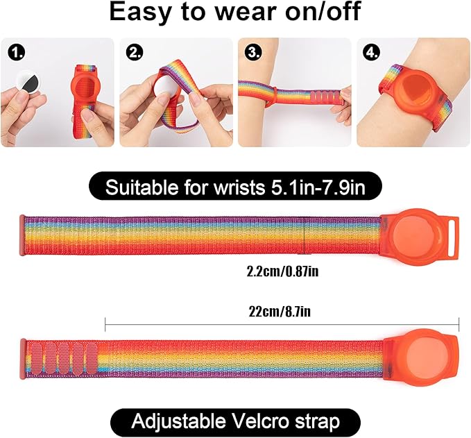 Kids Wristband Compatible with Apple AirTag, Protective Case for Air Tag GPS Tracker Holder with Nylon Bracelet, Adjustable Anti Lost Watch Band for Toddler Child Elder(2PacksRainbowB)