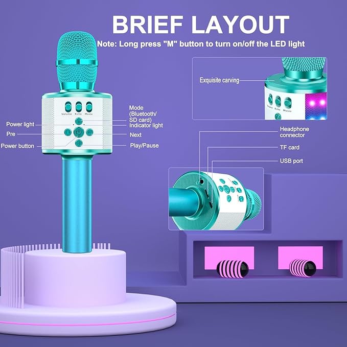 BONAOK Karaoke Microphone for Kids & Adults - Bluetooth Microphones Singing Mic with Disco Lights, Echo Effect, Built-in Speaker Portable Karaoke Player for Party Travel Gifts Q78(Ice Blue)