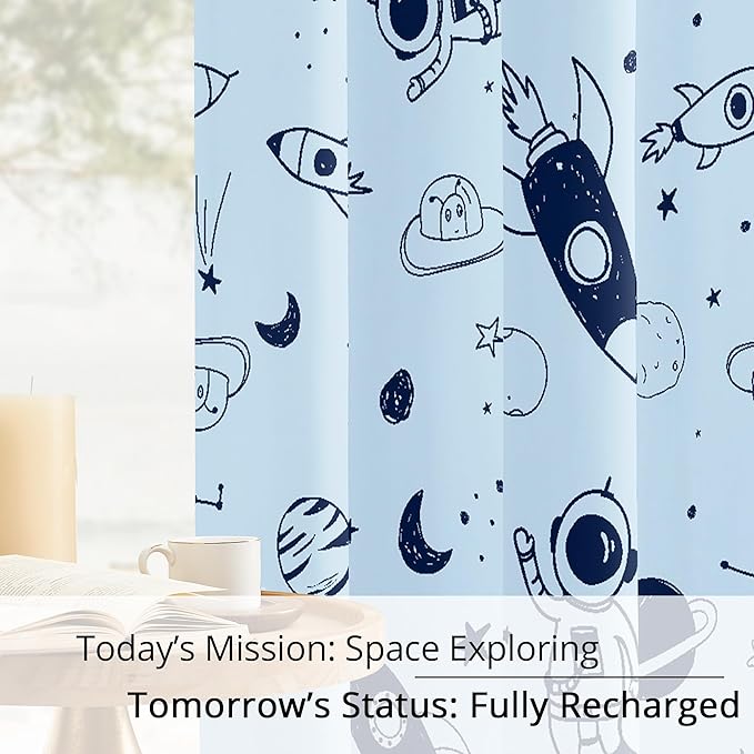 Kids Space Rocket and Astronaut Blackout Curtains - 100% Blackout, Thermal Insulated, Noise Reducing, Perfect for Kids Room and Nursery, 2 Panels (Sky-Blue Space Doodles, W52×L84)