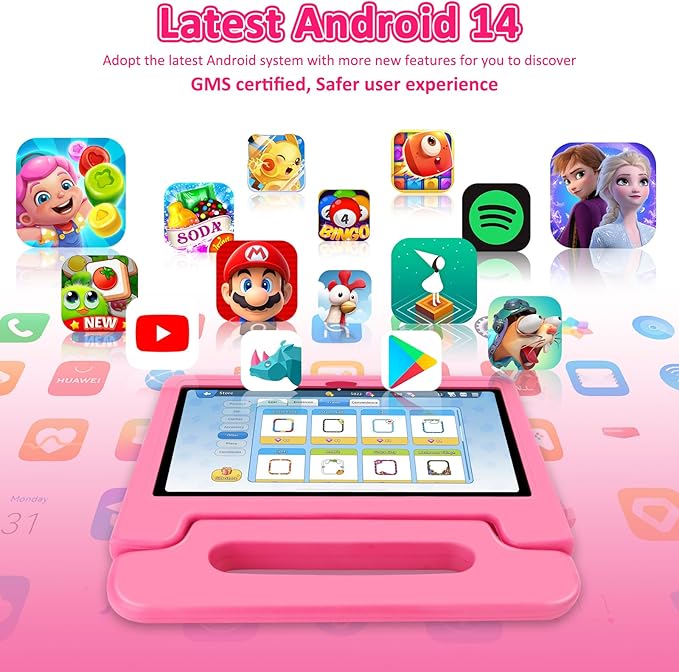Tablet for Kids, 10.1 inch IPS HD Touchscreen Android 14 64 GB Storage, 8GB RAM, Octa-Core Kids Tablet, Parental Controls, 12-hr Battery, WiFi, GPS - Pink