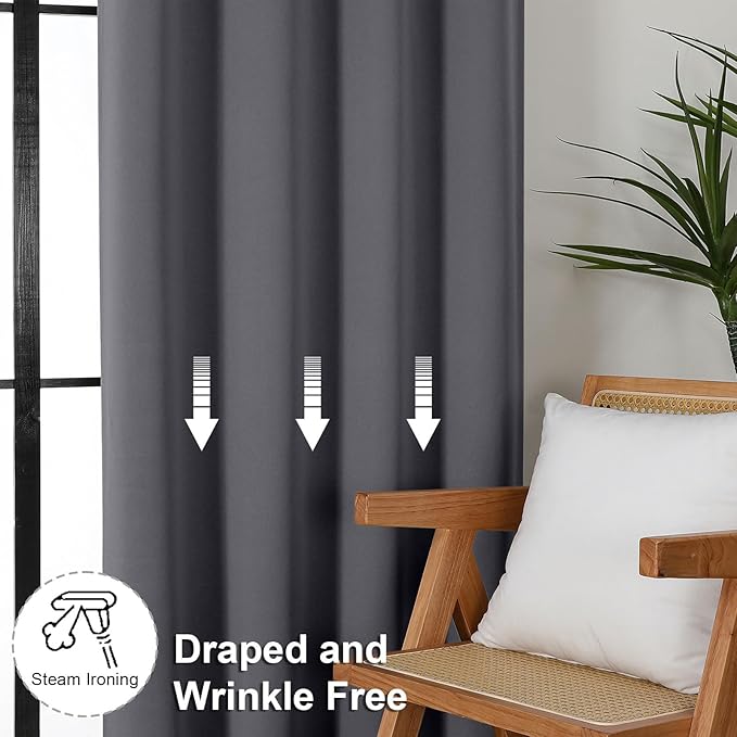 Simplebrand Ava Grey Blackout Curtains for Bedroom 96 Inches Long 2 Panels, Solid Thermal Insulated, Energy Saving Living Room Window Treatment Curtains Blackout Drapes, W50 x L96 Inch, Grey