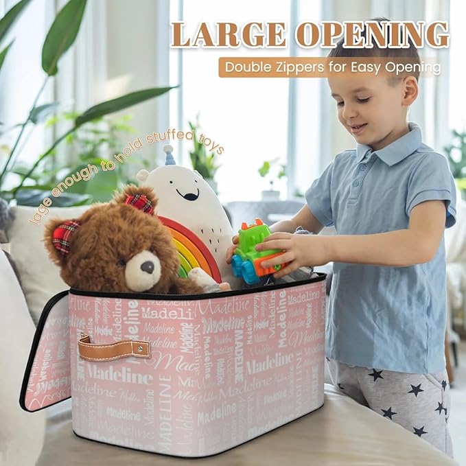 Custom Storage Basket with Name, Personalized Storage Bins with Zipper Lid, Foldable Fabric Storage Box Large capacity with Handle Pink White