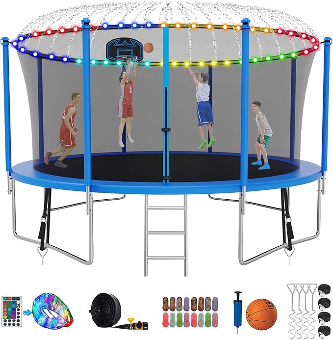 SKYUP Tranpoline 1500LBS 16 15 14 12 10 8 FT Tranpoline for 7-10 Kids and Adults, Windproof Outdoor Tranpoline with Enclosure Net, Basketball Hoop, Easy to Install & Last Long - ASTM Approved