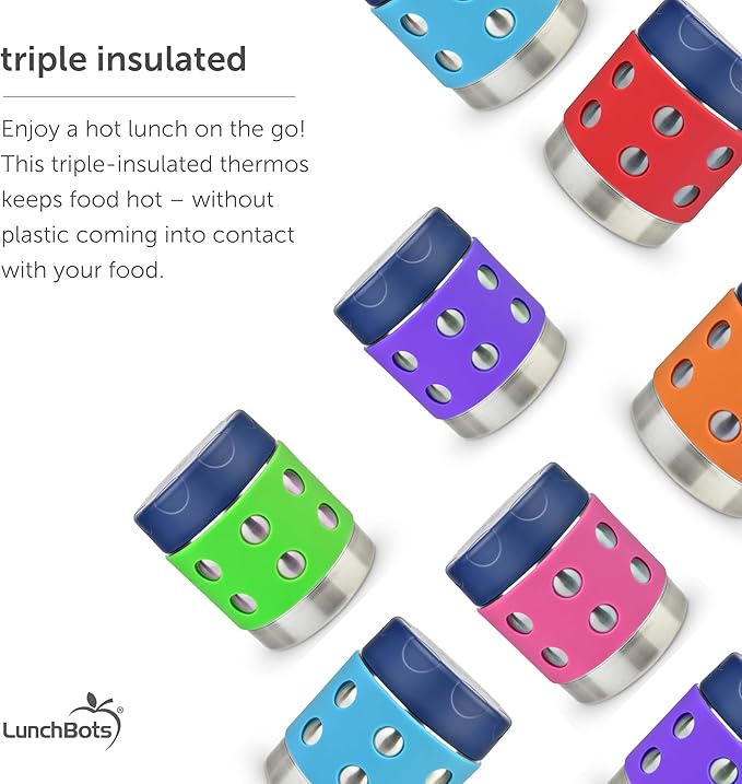 LunchBots Thermal 8 oz Triple Insulated Thermos - Hot 6 Hours or Cold 12 Hours - Leak Proof Thermos Soup Jar - All Stainless Interior - Navy Lid - Red Dots
