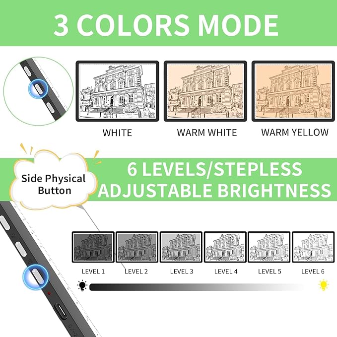 KOBAIBAN A4 Magnetic Light Box with Bag, Rechargeable Diamond Art Light Board with Side Physical Buttons, 3 Color Light Modes Super Bright Light Pad Light Table for Tracing, Drawing, Sketching (Black)