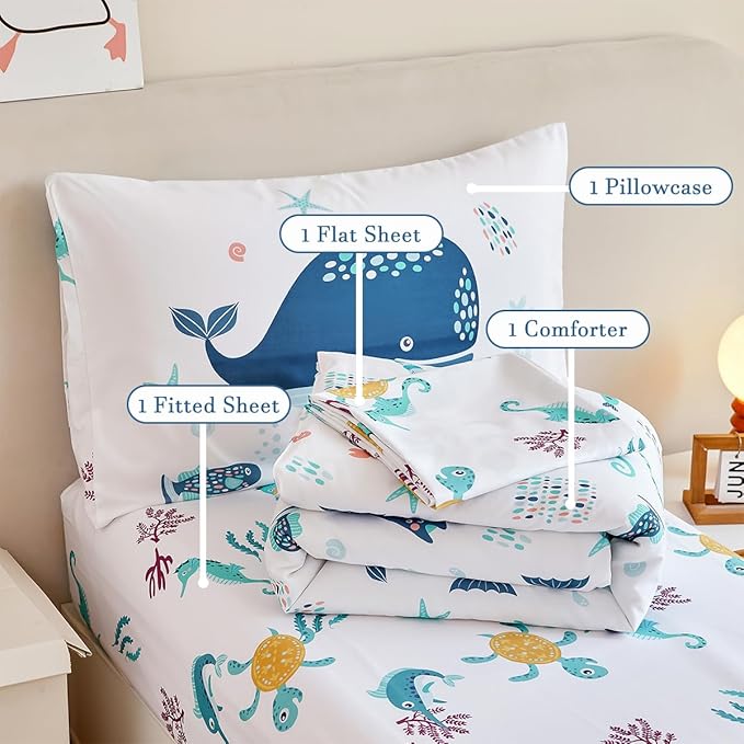 PERFEMET 4 Pcs Toddler Bedding Set Ocean Themed Toddler Comforter for Girl Soft Reversible Under Sea Animals White Toddler Bed in A Bag for Boys Girls(White, Whales)