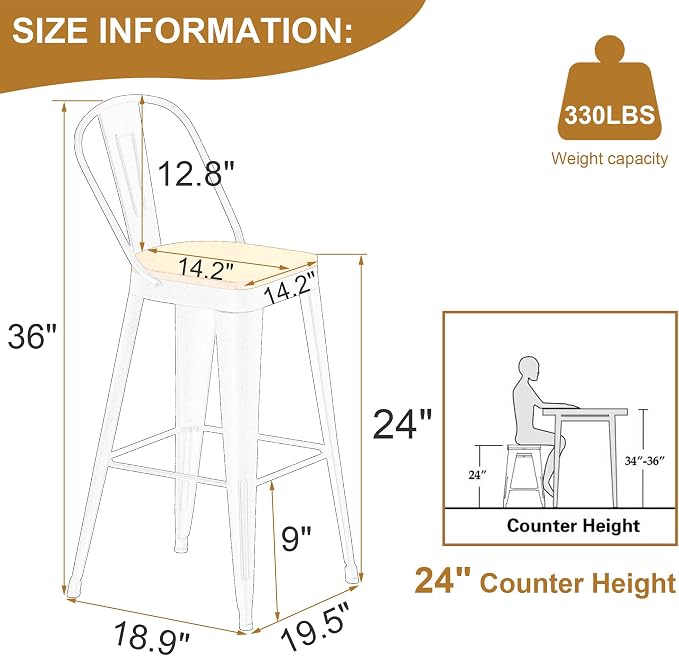 Andeworld Metal Bar Stools Set of 4, 24 inch Counter Height Barstools - Image 2