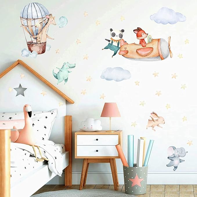 TOARTI Airplane Animal Wall Sticker, Colorful Baby Room Wall Sticker, Cartoon Animals for Children's Room, Adorable Elephant Giraffe Panda Wall Decal for Kids Bedroom Wall Decoration