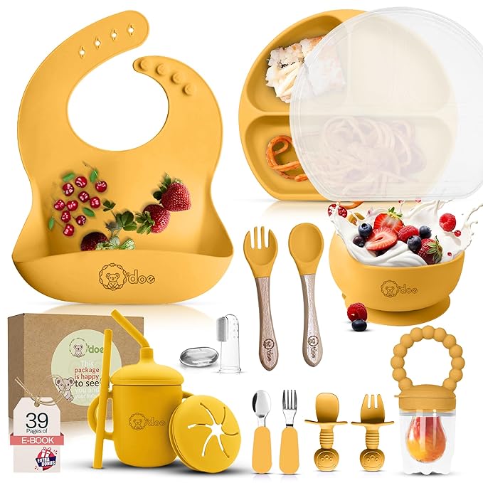 O'doe 17-Piece BPA-Free Silicone Baby Feeding Set | Thick & Soft Suction Plates, Baby Bowls, Wooden Fork & Spoon, and More | Make Mealtime Fun and Easy for Your Little One (Yellow, V2)