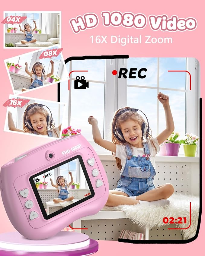 Kids Instant Print Camera Selfie Function - Front Rear Dual Kid Camera with 1080P Video for Girls Ages 3-12, Toddler Portable Travel Print Digital Camera for 3 4 5 6 7 8 9 10 11 12 Year Old Pink
