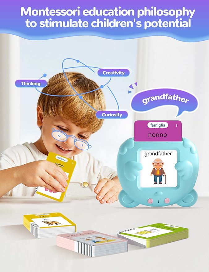 Italian and English Talking Flash Cards for Toddlers, 510 Sight Words Bilingual Learning Toys for Children, Autism Pocket Speech Therapy Toys, Italiano Vocabulary Educational Flashcards