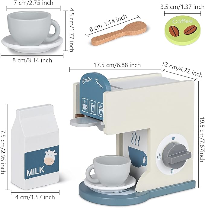 Play Kitchen Accessories Kids Wooden Coffee Maker Toy Espresso Machine Toddler Toy Kitchen Sets for Girls and Boys (Coffee Maker) (White)