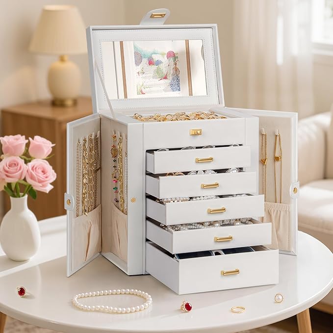 AKOZLIN 6-Tier Jewelry Box Organizer Functional 5 Drawers Leather Jewelry Storage Case for Women Girls Ring Necklace Earring Bracelet Holder Organizer with Mirror White