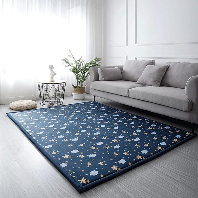 Loartee Coral Velvet Area Rug - 1" Thick Memory Foam Baby Play Mat, Washable Toddler Carpet, Home Decor for Living Room, Nursery, Kids Bedroom, Starry Blue, 6'7"x6'7"