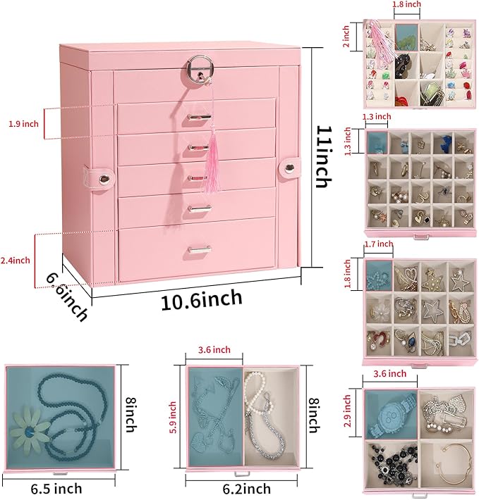 BOOVO Jewelry Box For women, 6 Layer Large Jewelry Organizer With Mirror, Multi-Function Storage Box With Lock, Accessory Holder With 5 Drawers, For Earrings Necklace Ring Bracelet (Pink)