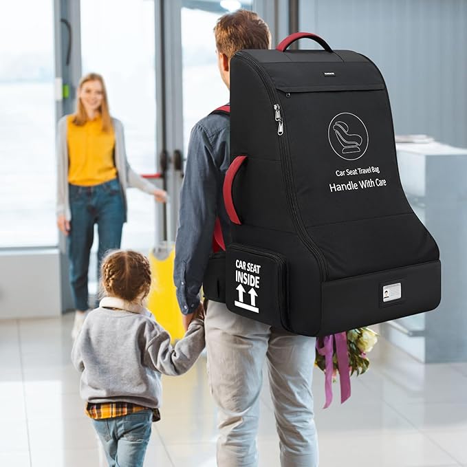 RAINSMORE Padded Car Seat Travel Bag for Airplane Heavy Duty Car Seat Backpack for Air Travel Baby Carseat Cover Bags for Airport Large Car Seats Carrier Fits Car Seats & Booster Seats, Black