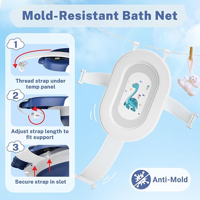 AVIDOR Baby Bathtub,Collapsible Bathtub for Newborn to Toddler,Durable Essential Infant Bath Tub,Portable Travel Baby Tub with Soft Bath Net,No-Slip Feet and Dinosaur Shaped (Navy Blue)