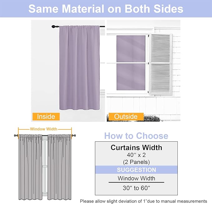 Simplebrand Ava Lilac Short Blackout Curtains for Bedroom 45 Inches Long 2 Panels Set, Solid Thermal Insulated, Energy Saving Window Treatment Curtains Blackout Drapes, W40 x L45 Inch, Lilac