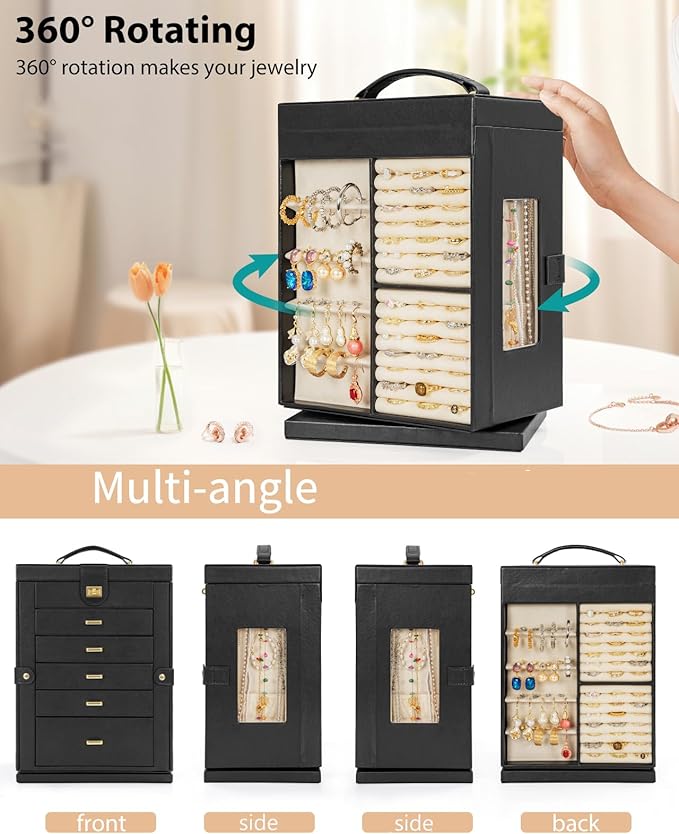 AKOZLIN Jewelry Box 6-Tier Organizer Functional 360° Rotating Jewelry Storage Case for Women Girls Ring Necklace Earring Bracelet Holder with Mirror