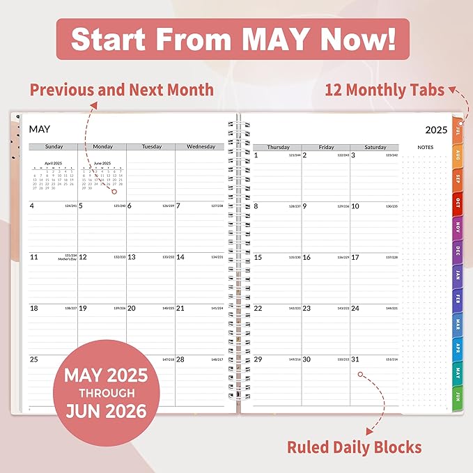 SUNEE Academic Planner 2025-2026 Weekly and Monthly, July 2025-June 2026, 8.5"x11", Tabs, Note Pages, Pockets, Bookmark, Flexible Cover, Spiral Binding, Blushing Abstract Breeze