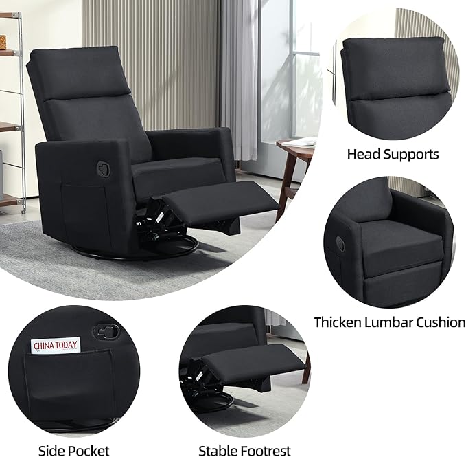 Swivel Rocker Recliner Chair, Upholstered Fabric Nursery Rocking Glider Chair with Adjustable Backrest and Footrest, Lay Flat Recliner Single Lazy Sofa for Living Room, Black