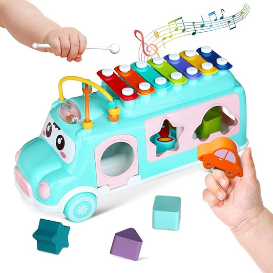 Baby Xylophone for Toddlers 1-3, Bus Shaped Toy Xylophone for Kids with Child Safe Mallet, Shape Sorting Educational Musical Toys and Instruments for Toddlers 1-3