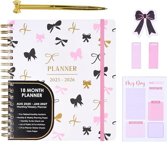 Votum August 2025 to January 2027 Large Back to School Academic Planner- Daily, Weekly & Monthly Organizer with Pens, Stickers, Sticky Notes, and a Sturdy Cover - Bows Pink