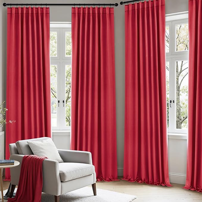 ANRODUO Back Tab Blackout Curtains for Bedroom Living Room, Rod Pocket Pinch Pleated Thermal Insulated Room Darkening Curtains 54 Inches Long 2 Panels, Red, 42 x 54 Inch