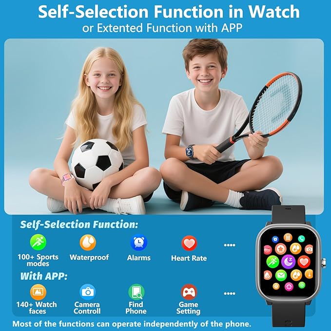 Kids Wach for Girls Boys 6-15 Year Old - Smart Watch for Kids 1.8" Fitness Tracker,No Phone Needed,Pedometer Sleep Monitor Heart Rate Waterproof,Puzzle Game for Girls Boys Teens Birthday Gift (Black)