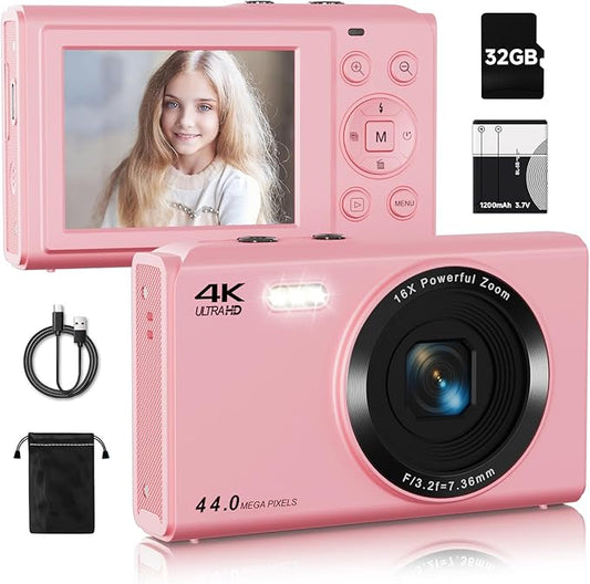 Upgrade Digital Camera, FHD 4K 44MP Autofocus Digital Point and Shoot Video Camera with 16X Zoom, 32GB SD Card, Compact Digital Camera Cheap for Teens Boys Girls Kids Pink Camera