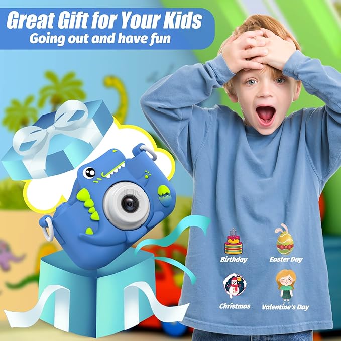 Upgrade Dinosaur Kids Camera, Christmas Birthday Gifts for Girls Boys 3-12, 1080P HD Selfie Digital Video Camera for Toddlers, Cute Portable Little Girls Boys Gifts Toys for 3 4 5 6 7 8 9 Years Old