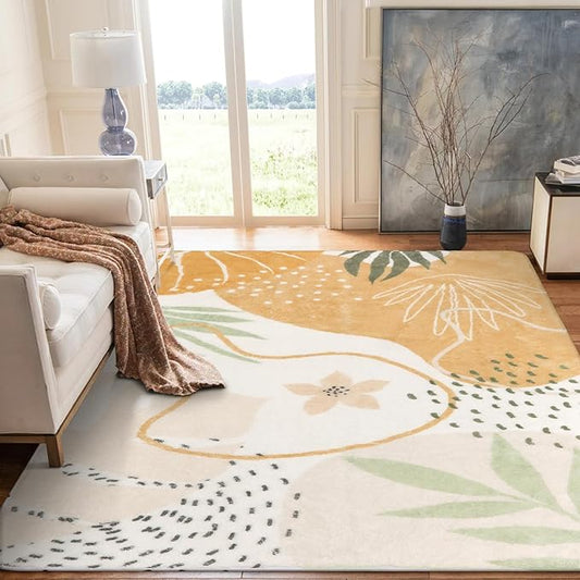 Lahome Boho Area Rugs for Living Room 9x12 - Washable Non-Slip Large Rug for Dining Room, Ultra-Thin Neutral Taupe Botanical Print Soft Carpet for Bedroom Nursery