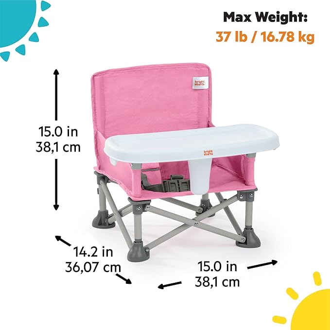 Bright Starts Pop 'N Sit Portable Booster, Indoor/Outdoor Use, Floor Seat with Feeding Tray, Pink, 6 Mos - 3 Yrs
