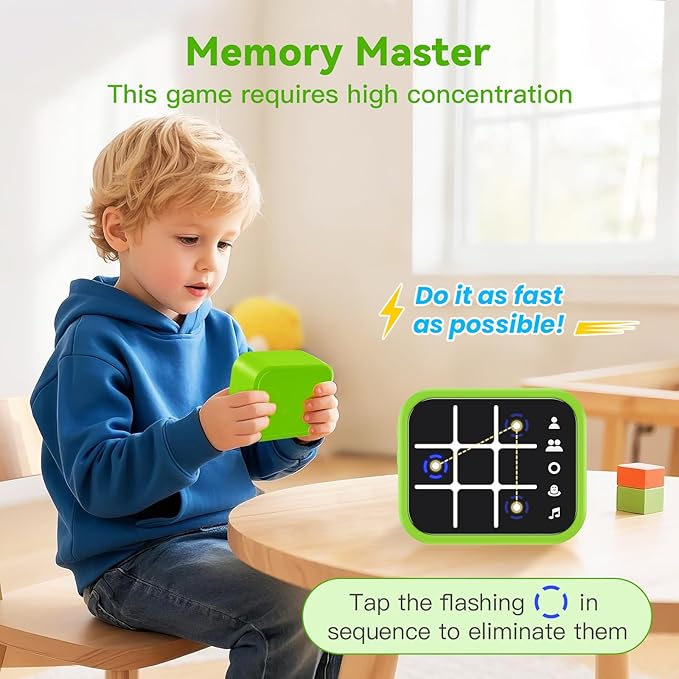 Rechargeable Tic Tac Toe Game Box with 5 Fun Brain Memory Games, Electronic Touchscreen Handheld Game, Portable Digital Puzzle Board Travel Toy, Gifts Choice for Kids and Adults (Green)