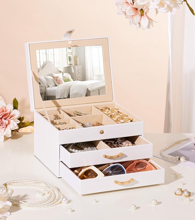 White Jewelry Box Organizer: Home Decor for Women - 2-Drawer Holder for Valentine’s Day Birthday Christmas White Pink