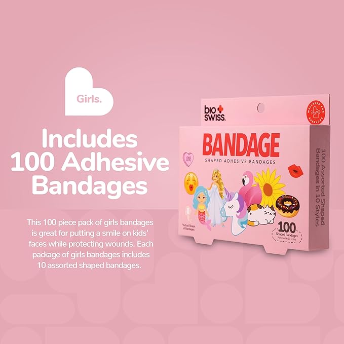 BioSwiss Bandages, Assorted Animal, Fun and Food Shaped Self Adhesive Bandage for Girls, Latex Free Sterile Wound Care, 100 Count