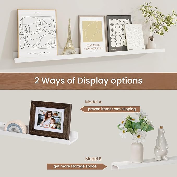 Picture Ledge Shelf, Solid Pine Wood Floating Shelves Set of 2, 36 Inches Nursery Book Shelves for Toys Storage, Kids Bookshelf Wall Mounted for Living Room Bedroom Decor Books Photo Frames, White