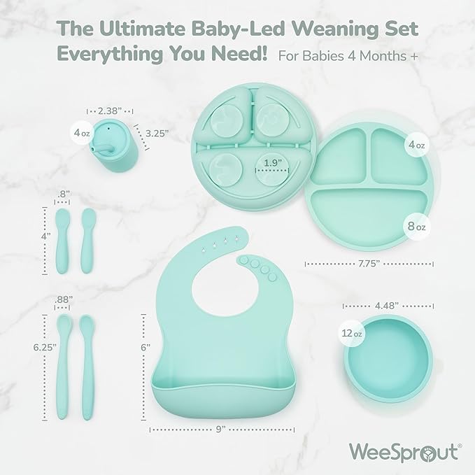 WeeSprout Baby Led Weaning Bundle, Silicone Suction Bowl, Spoons, Bib & Cup, Develops Self Feeding Skills, Dishwasher Safe (Green)