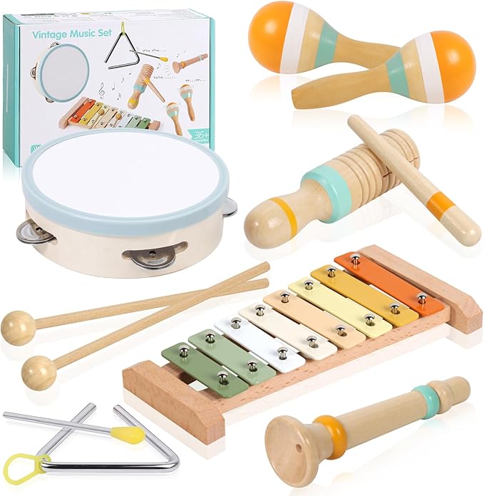 Baby Musical Instruments - Wooden Montessori Toys for Toddlers 1-3, Baby Musical Toys Percussion Instruments Set with Xylophone Tambourine, Neutral Preschool Educational Baby Toys for Boy Girls Gifts