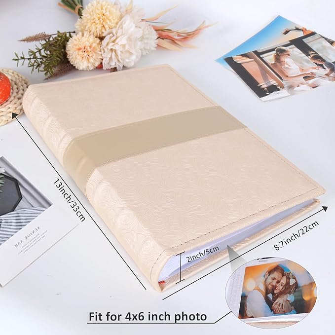 RECUTMS Photo Album with Writing Space 4x6 300 Pockets Photo Book,Leather Cover Picture Album with Memo Areas for Wedding Anniversary Family Baby Couple Valentines Graduation Travel (Beige)