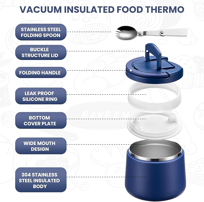 Soup Thermo for Hot Food Kids 14oz Lunch Containers with Buckle Lid Wide Mouth Hot Food Jar Vacuum Insulated Stainless Steel Bento Box Leakproof with Spoon(Blue)