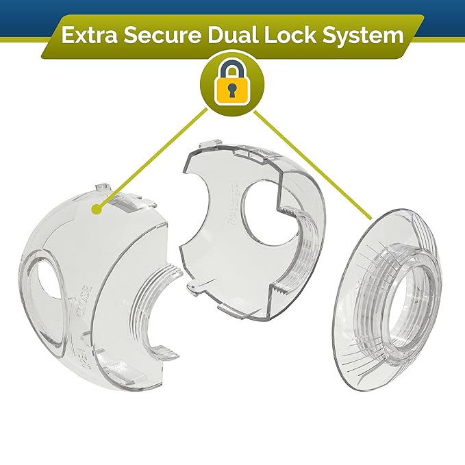 Child Safety Door Knob Cover (4 Pack) Hard-to-Remove Dual-Lock Door Handle Covers for Kids - Reusable Baby Proof Door Knob Locks - Installs Easily, No Tools Needed (Clear)