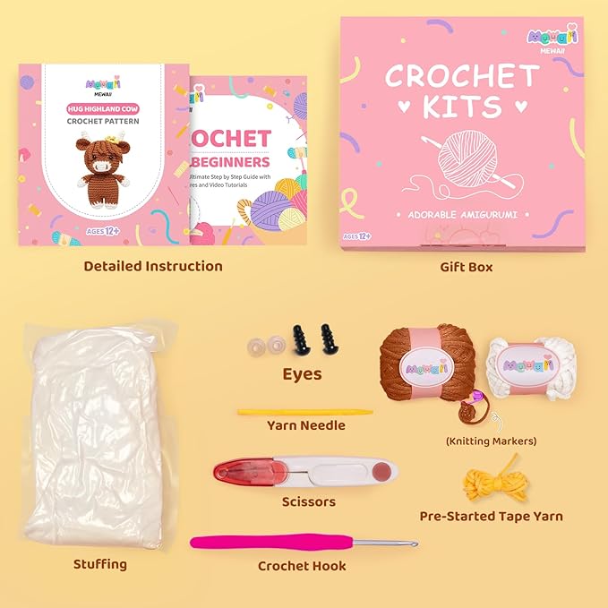 Mewaii Crochet Kit for Beginners Level 3 with 40% Extra Eco-Friendly Pre-Started Easy Yarn, Step-by-Step Video Tutorials for Adults and Kids (Hug Highland Cow)