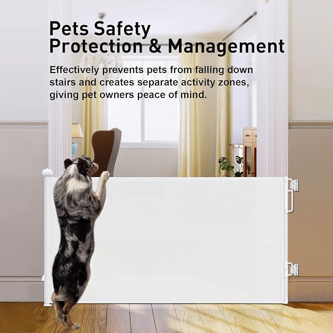 Cumbor 55" Wide Retractable Baby Gates for Stairs, Mom's Choice Award - Mesh Dog Gate for Doorways, Pet Safety Essential Fit for Baseboards, Wide Toddlers Gates for Hallways, Indoor & Outdoor, White