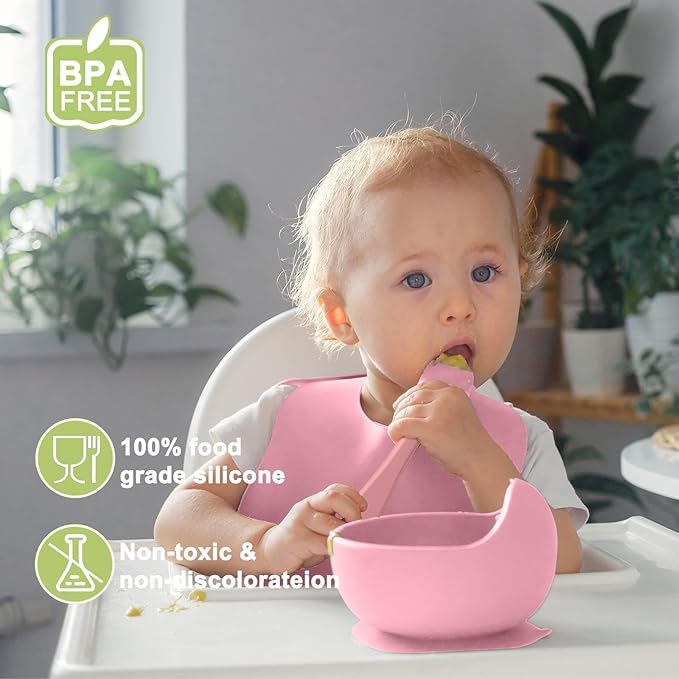 Silicone Baby Feeding Set | Baby Led Weaning Supplies Includes Suction Bowls and Divided Plates, Adjustable Bib, Baby Utensils Spoons and Forks,Cup | Baby Feeding Essentials (Pink)