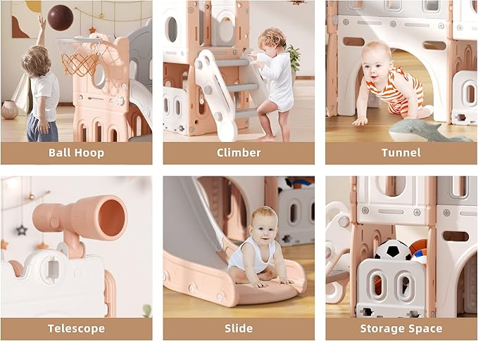 XJD 7 in 1 Toddler Slide Set, Kids Slide for Toddlers Age 1+, Toddler Climber Slide PlaySet with Basketball Hoop and Ball,Outdoor Indoor Playground for Toddlers 1-3 (Pink)