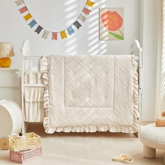 Mini Crib Bedding Set 3 Pieces Baby Boho Quilted Tufted Ruffles Comforter with Fitted Sheet and Ruffled Bed Skirt - Cute Shabby Baby Bedding Fits Mini Crib Only Cream White