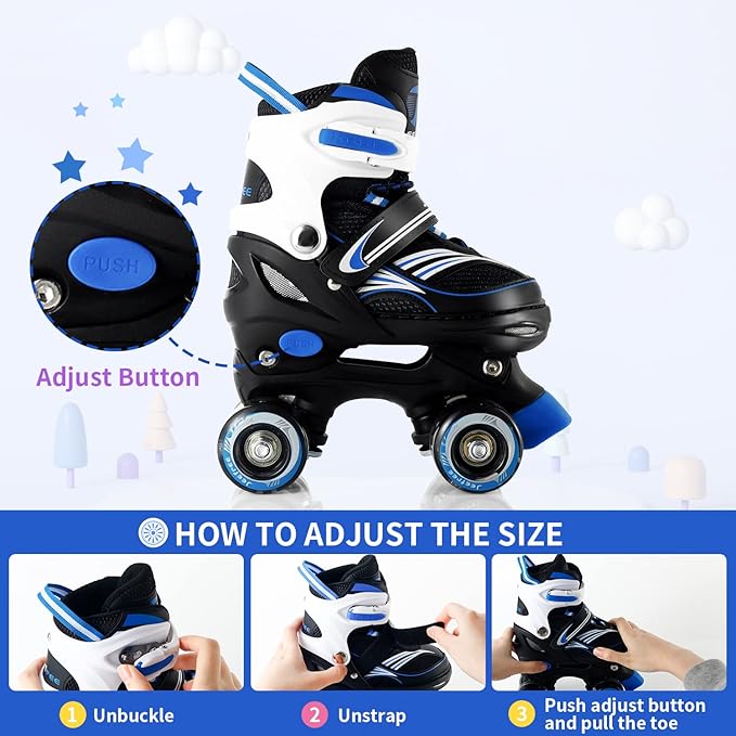 Adjustable 4 Size Kids Roller Skates With Light up Wheels for Girls Ages 5-8-12, Safe and Fun Illuminating Skates for Kids, Toddlers, Boys