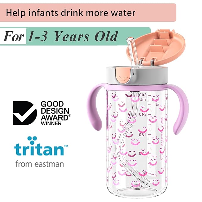 Evorie Tritan Spill Proof Toddler Straw Sippy Cup, 10 oz for Baby and Toddlers 1-3 Years Old, No Spill Straw Water Bottle with Removable Handles, Ideal for School, BPA-Free, Evorie Smiles
