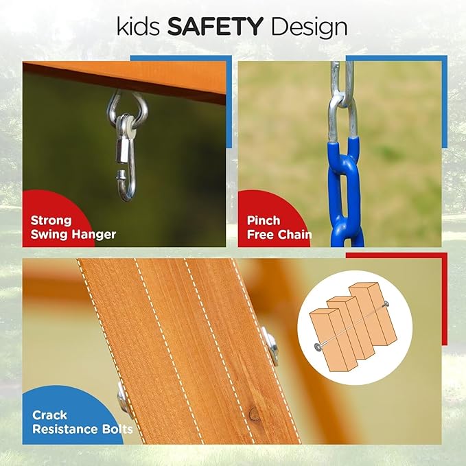 DIY Swing Sets for Backyard, Wooden Playground Sets with Glider Swing and 2 Belt Swings, Kids Outdoor Play Equipment, Outdoor Playset